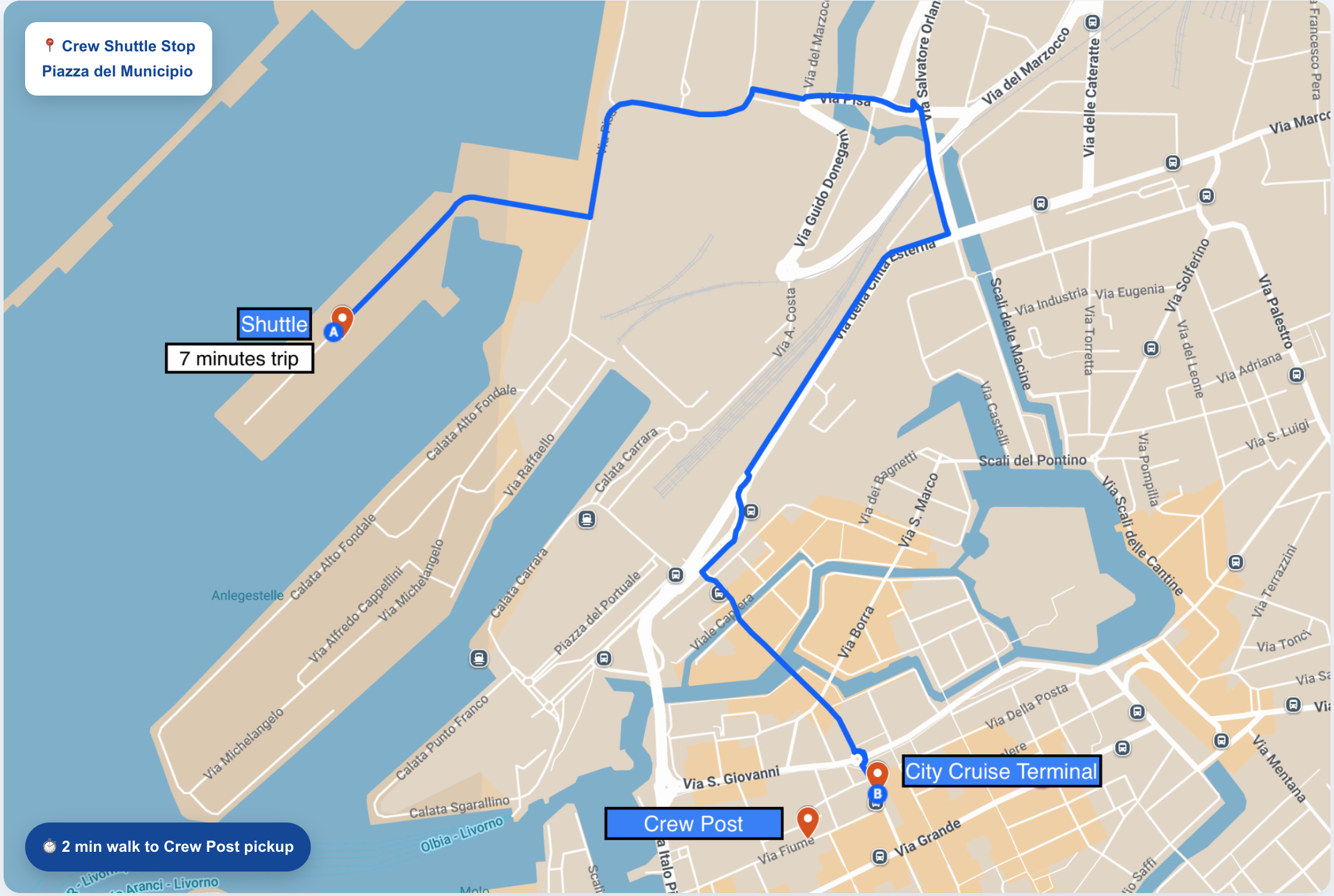 Crew shuttle arrival Piazza del Municipio Livorno map